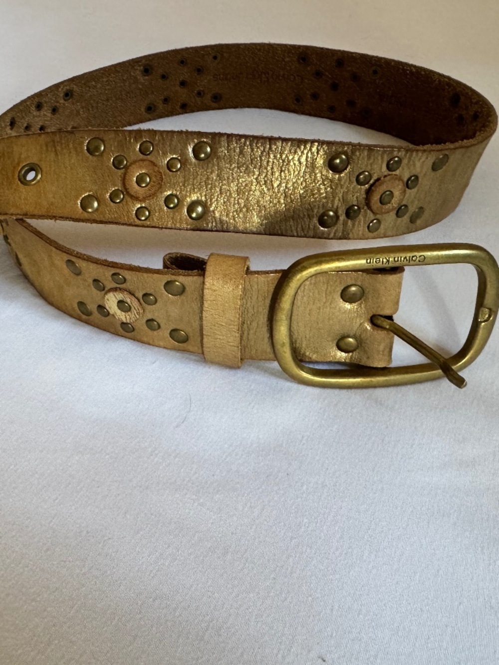 Vintage Calvin Klein Jeans Gold Studded Leather Belt 37" Long Medium